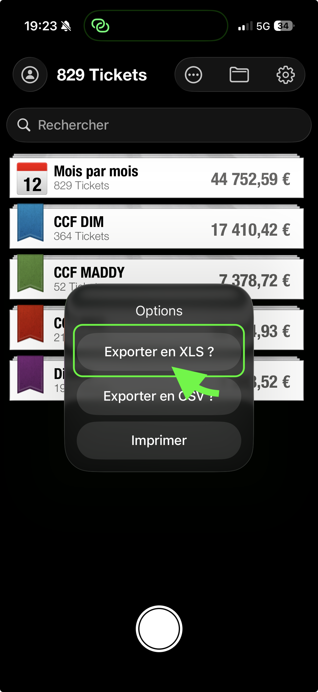 Menu export XLS CSV ScanTicket